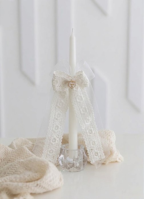 Vela de Batizado com Laço Duplo de Organza e renda