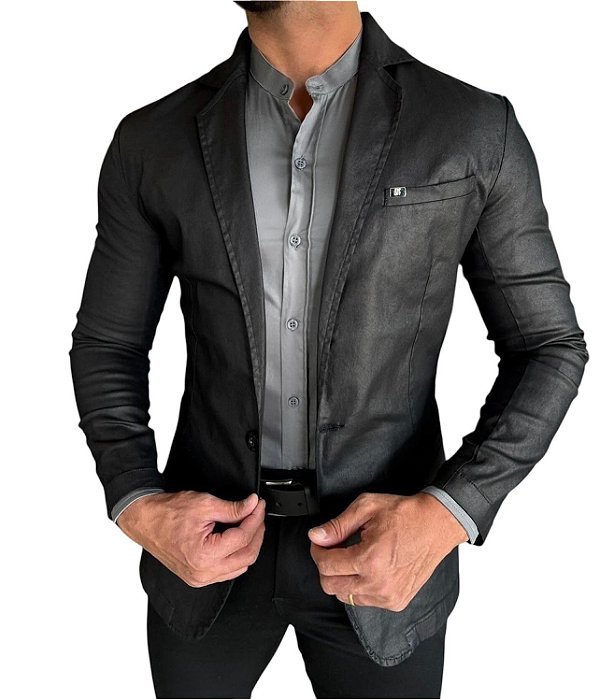 Blazer  Slim Fit Sport Fino Casual Resinado Preto Bolso Embutido