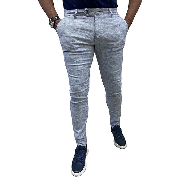 Calca Alfaiataria Skinny Cinza Mescla Linho Zip Off