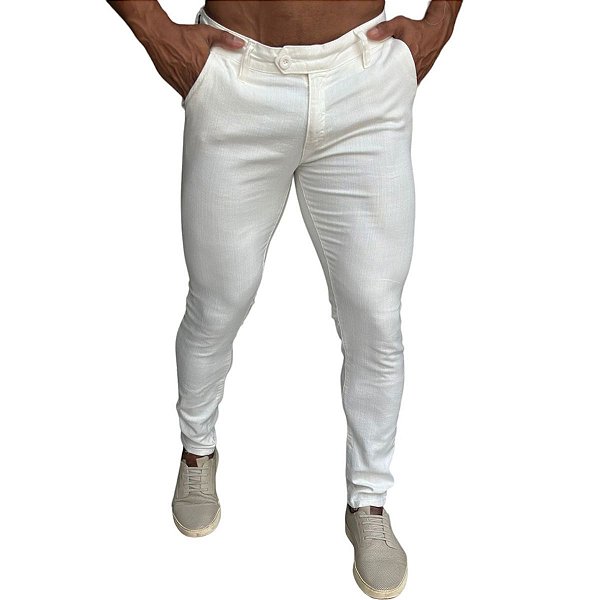 Calca Alfaiataria Skinny Off White Linho Zip Off