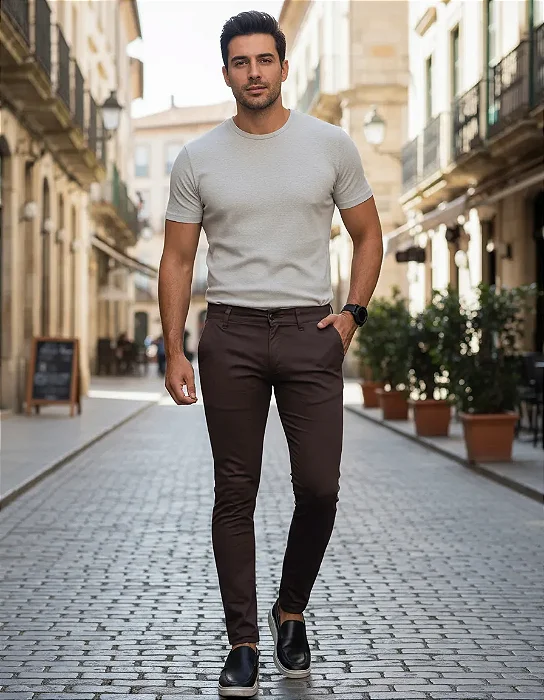 Calca Alfaiataria Skinny Marrom Zip Off