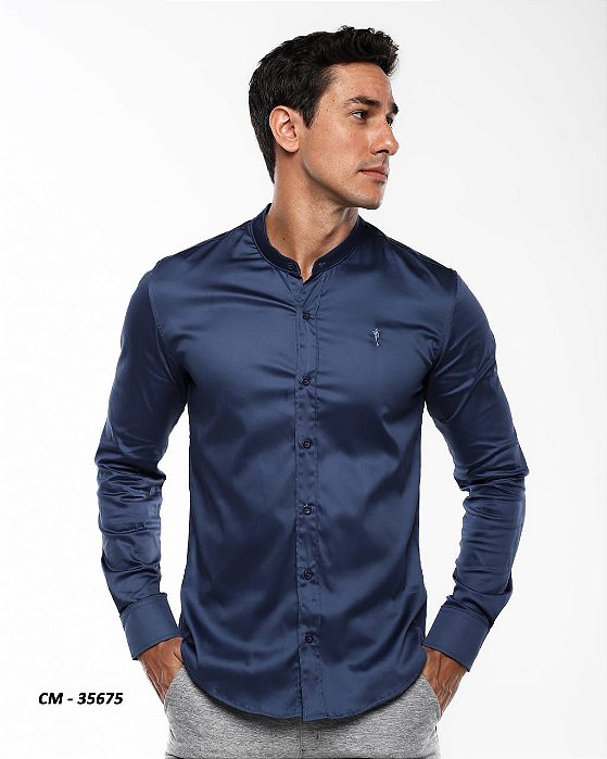 Camisa Slim Fit Gola Padre Acetinada Longa Marinho