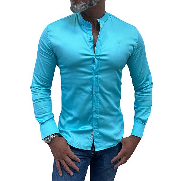 Camisa Slim Fit Gola Padre Acetinada Longa Celeste