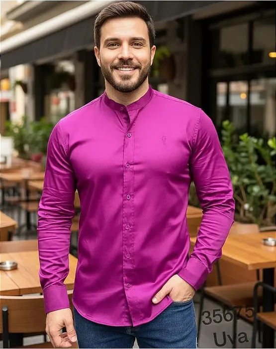 Camisa Slim Fit Gola Padre Acetinada Longa Uva