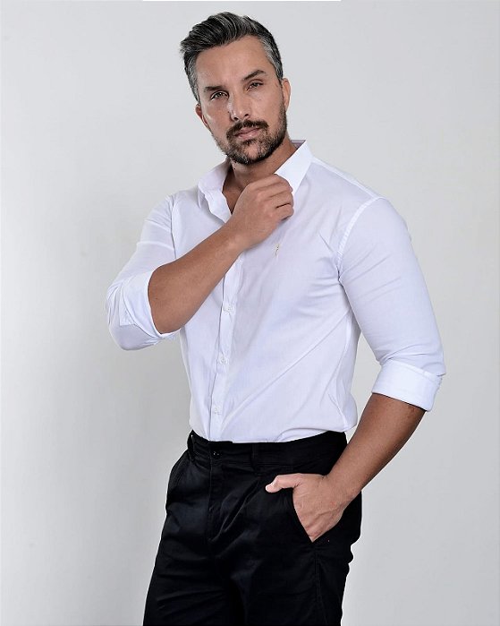 Camisa Slim Fit Longa Acetinada Branco