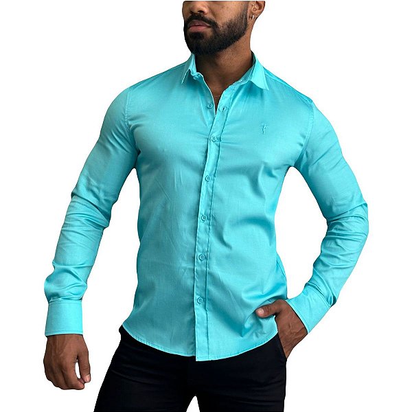 Camisa Slim Fit  Acetinada Longa Celeste