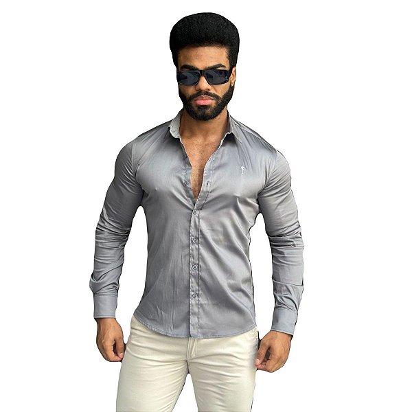 Camisa Slim Fit Longa Acetinada Cinza Grafite