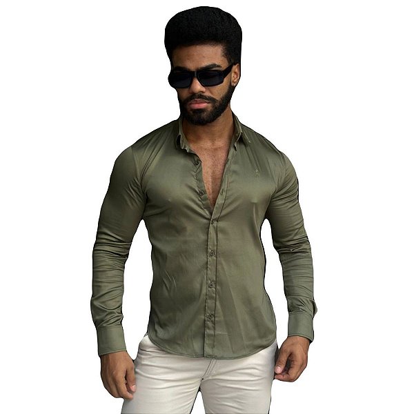 Camisa Slim Fit Longa Acetinada Verde Musgo Luik Modas Roupas e acessorios masculinos