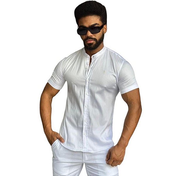 Camisa Slim Fit Curta Acetinada Gola Padre Branco