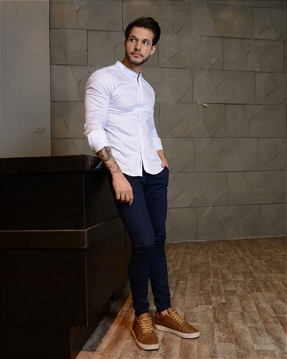 Camisa Slim Fit Gola Padre Acetinada Longa Branca