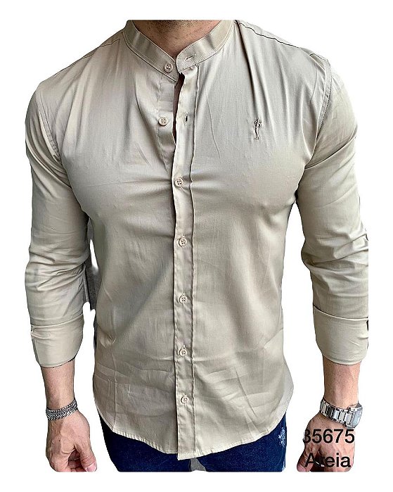 Camisa Slim Fit Gola Padre Acetinada Longa Areia