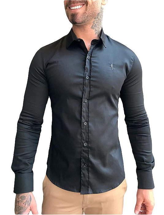 Camisa Slim Fit Longa Acetinada Zip Off Preto