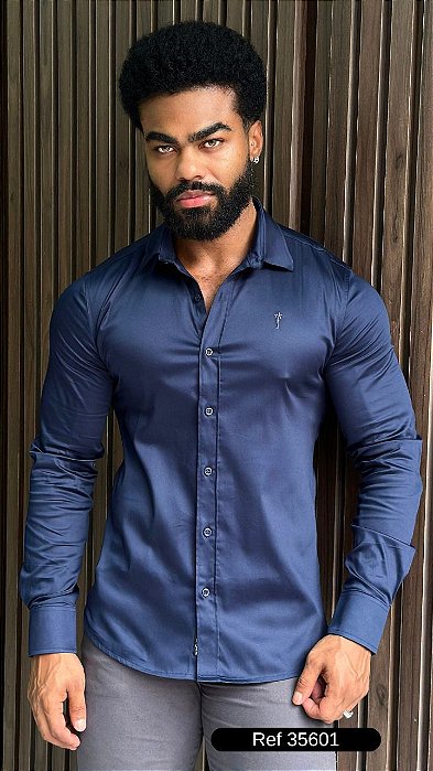 Camisa Slim Fit Longa Acetinada Zip Off Marinho