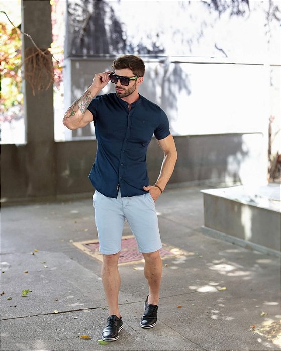 Camisa Slim Fit Curta Acetinada Gola Padre Marinho