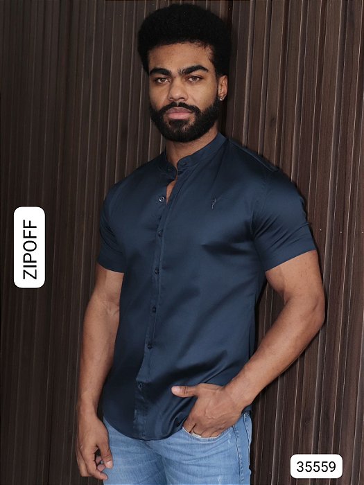 Camisa Slim Fit Curta Acetinada Gola Padre Marinho