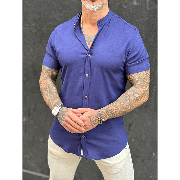 Camisa Dubai Gola Padre M. Curta Azul