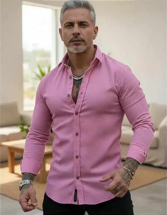 Camisa Masculina Linho Gola Italiana Per Pochi Rosa