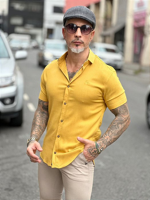 Camisa de Linho e Elastano Per Pochi  Mostarda