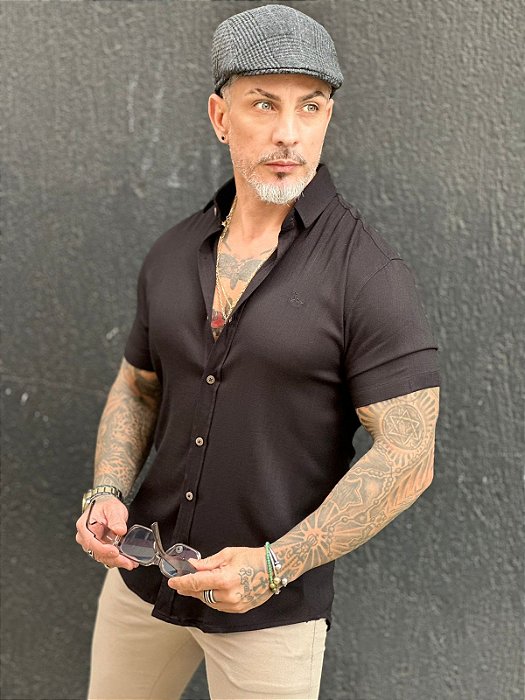 Camisa de Linho e Elastano Per Pochi Preto