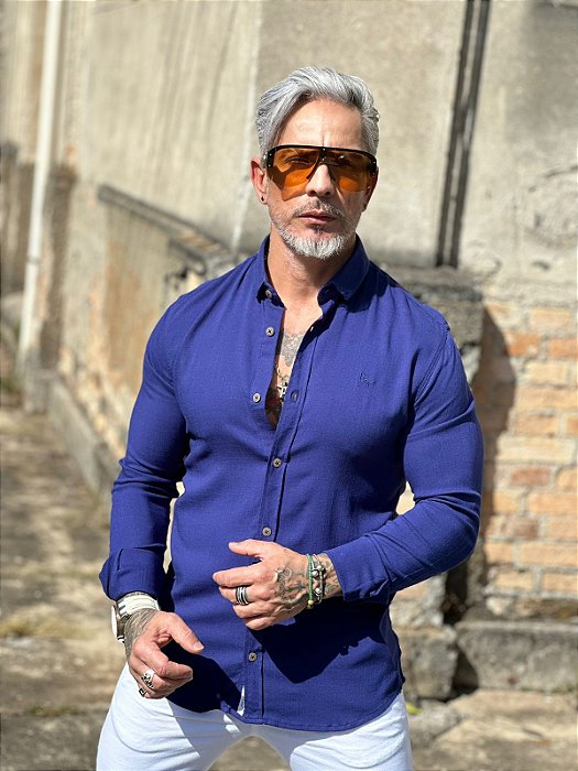 Camisa Dubai Gola Tradicional Linho Per pochi Azul