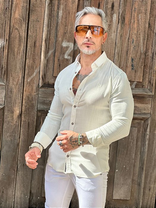 Camisa Dubai Gola Tradicional Linho Per pochi Branca