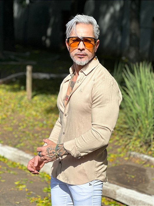 Camisa Dubai Gola Tradicional Linho Per pochi Off White