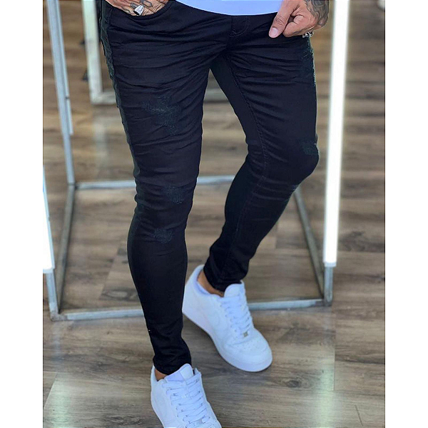Calça Masculina City Denim Skinny Preta Destroyd