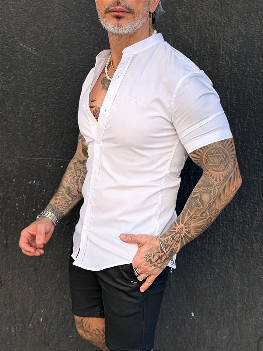Camisa Slim Masculina Per Pochi Casual Tricoline Branca