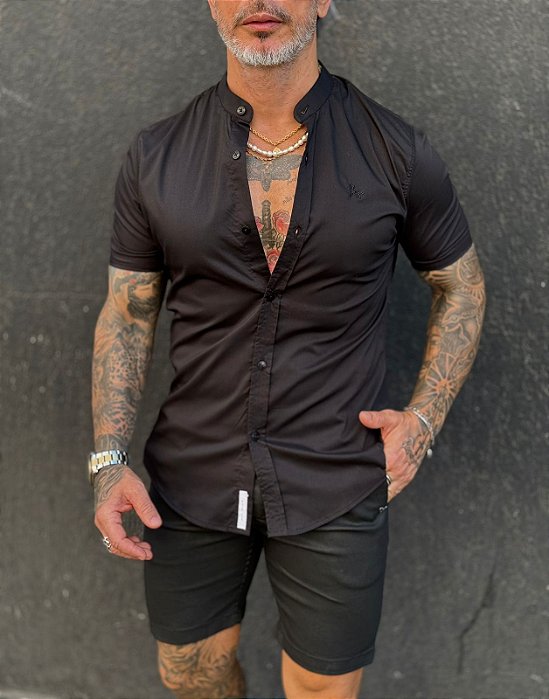 Camisa Slim Masculina Per Pochi Casual Tricoline Preto