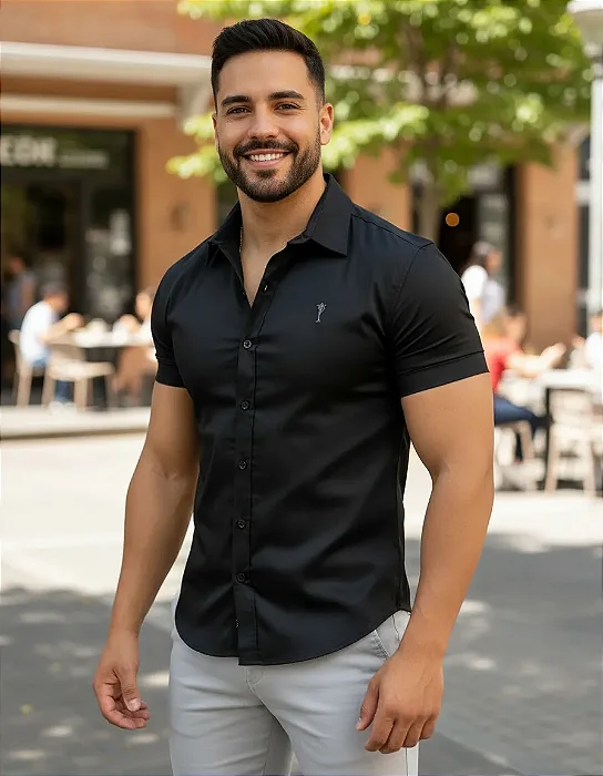 Camisa Slim Fit Curta Acetinada Preta