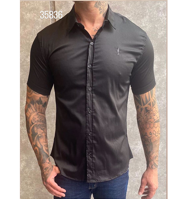Camisa Slim Fit Curta Acetinada Preta