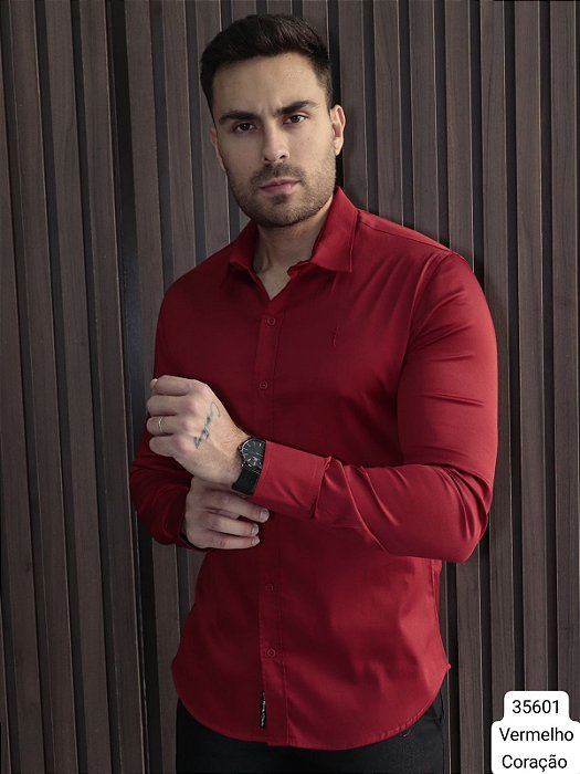 Camisa Slim Fit  Acetinada longa Vermelho