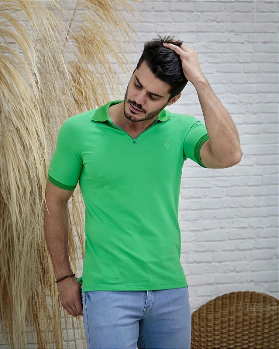 Polo Slim Fit Canelada Detalhe Ziper Verde