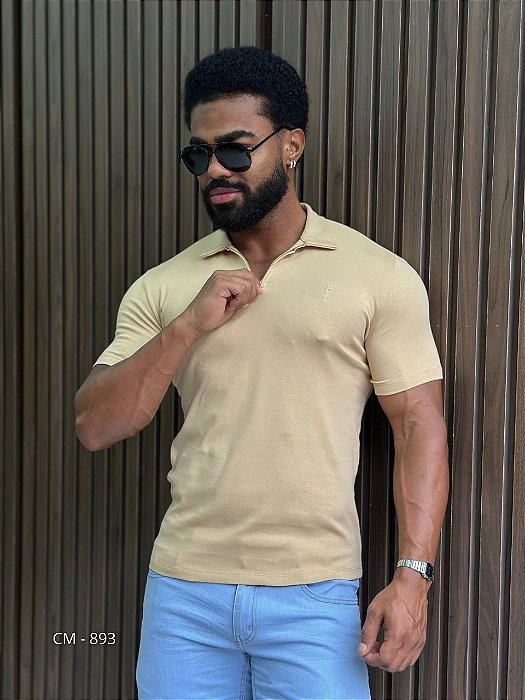 Polo Slim Fit Detalhe Ziper Bege
