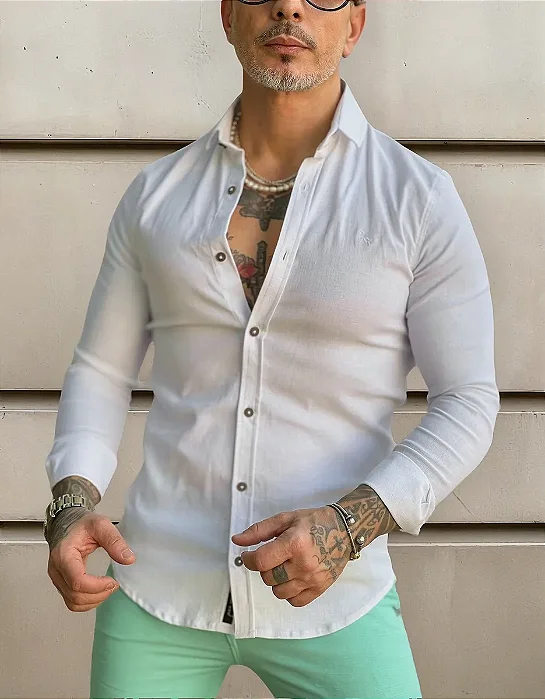Camisa Masculina Linho Gola Italiana Per Pochi Branca