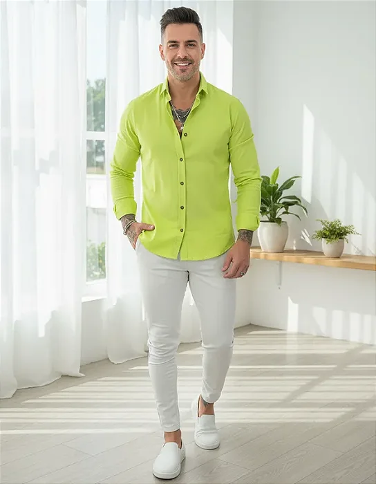 Camisa Masculina Linho Gola Italiana Per Pochi Verde Limao