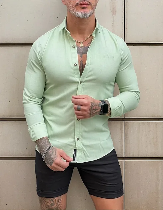 Camisa Masculina Linho Gola Italiana Per Pochi Verde Claro