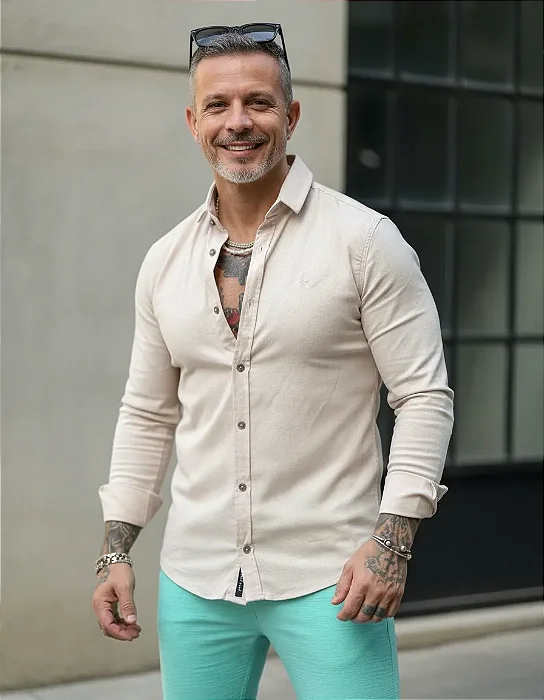 Camisa Masculina Linho Gola Italiana Per Pochi Bege Claro