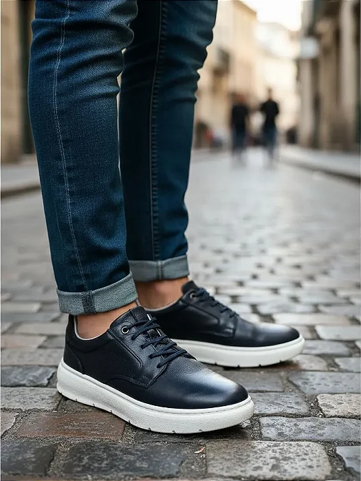 Tenis Masculino Casual Whisky 100% Couro Sapatenis Marinho