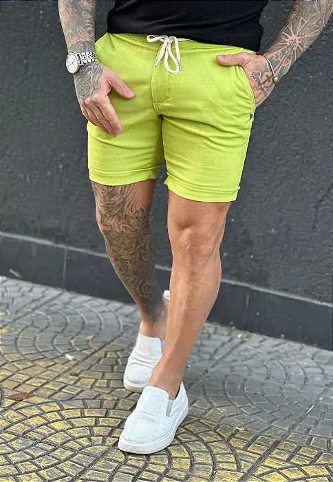 Bermuda Linho Estilo Curta Perpochi Verde Limao