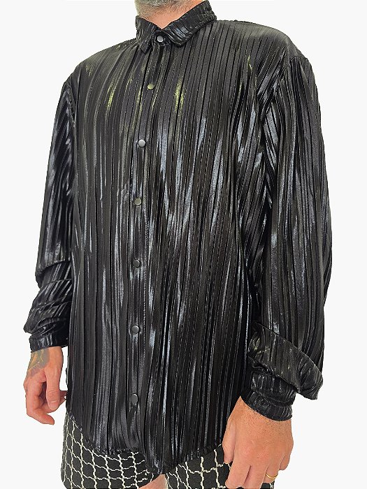 Camisa Plissada Preta Manga Longa