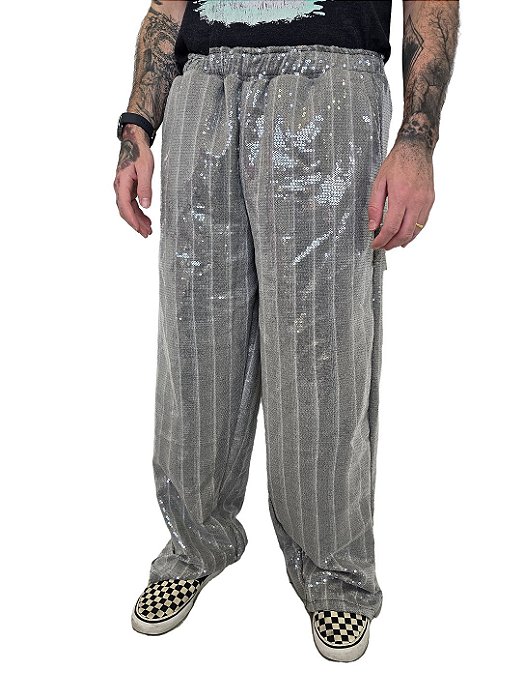 Calça Paetê Listrado Cinza