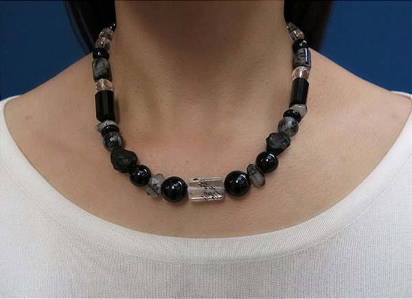 COLAR QUARTZO RUTILADO, CRISTAL, ÁGATA NEGRA, TURMALINA