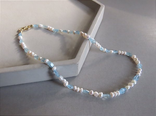 COLAR VERMEIL PÉROLA BIWA E ÁGUA MARINHA