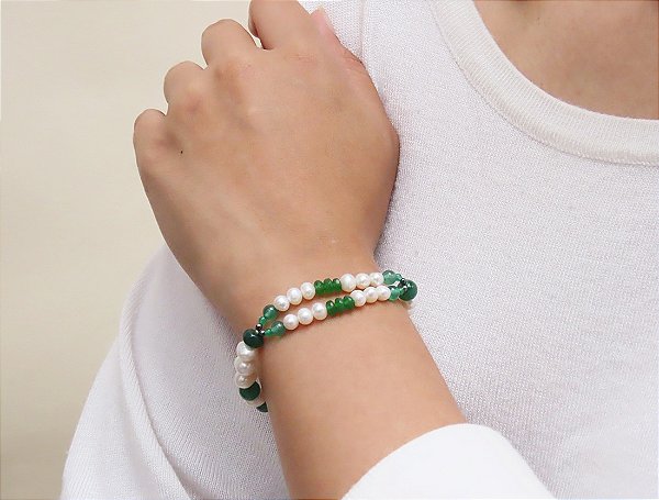 PULSEIRA EXÓTICA QUARTZO VERDE E PÉROLA BIWA