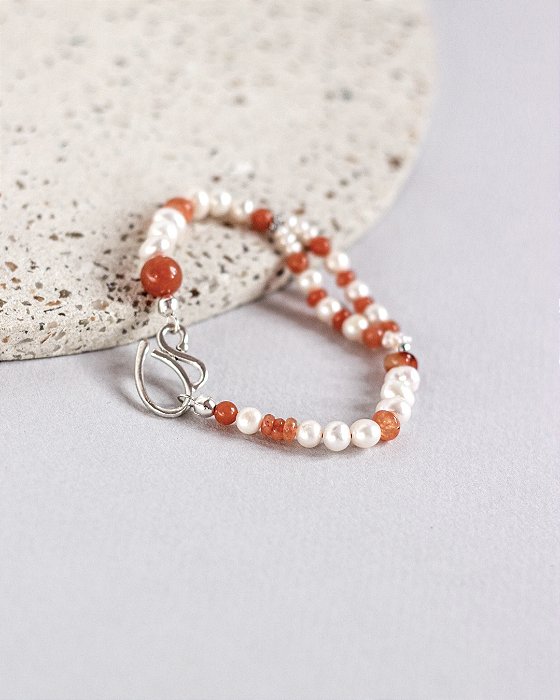 PULSEIRA EXÓTICA ÁGATA LARANJA E PÉROLA BIWA