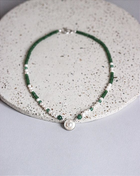COLAR CONCHA QUARTZO VERDE E PÉROLA BIWA