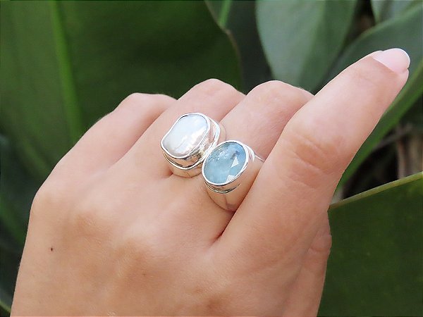 ANEL CHEVALIER DUO ÁGUA MARINHA E PÉROLA BIWA