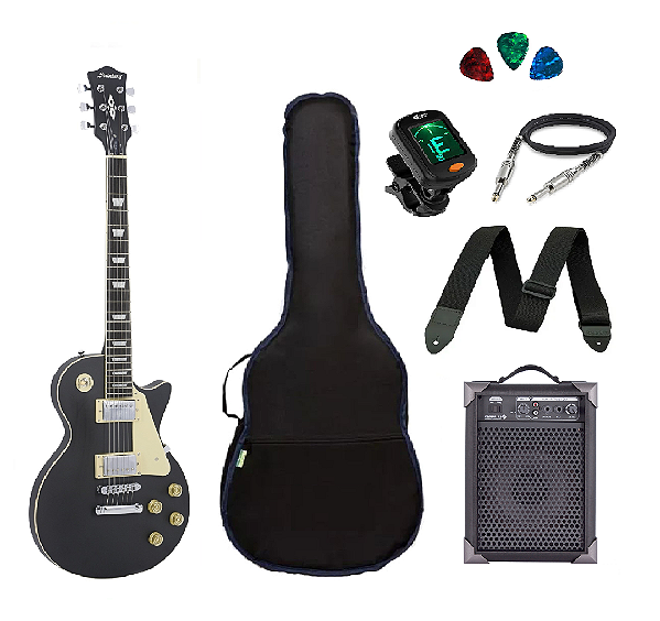 Kit Guitarra Strinberg Les Paul LPS230 BKS + Amplificador + Afinador Digital + Acessórios Preta Fosca