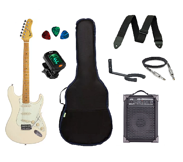 Kit Guitarra Tagima TG530 Strato Branca com Amplificador e Acessórios